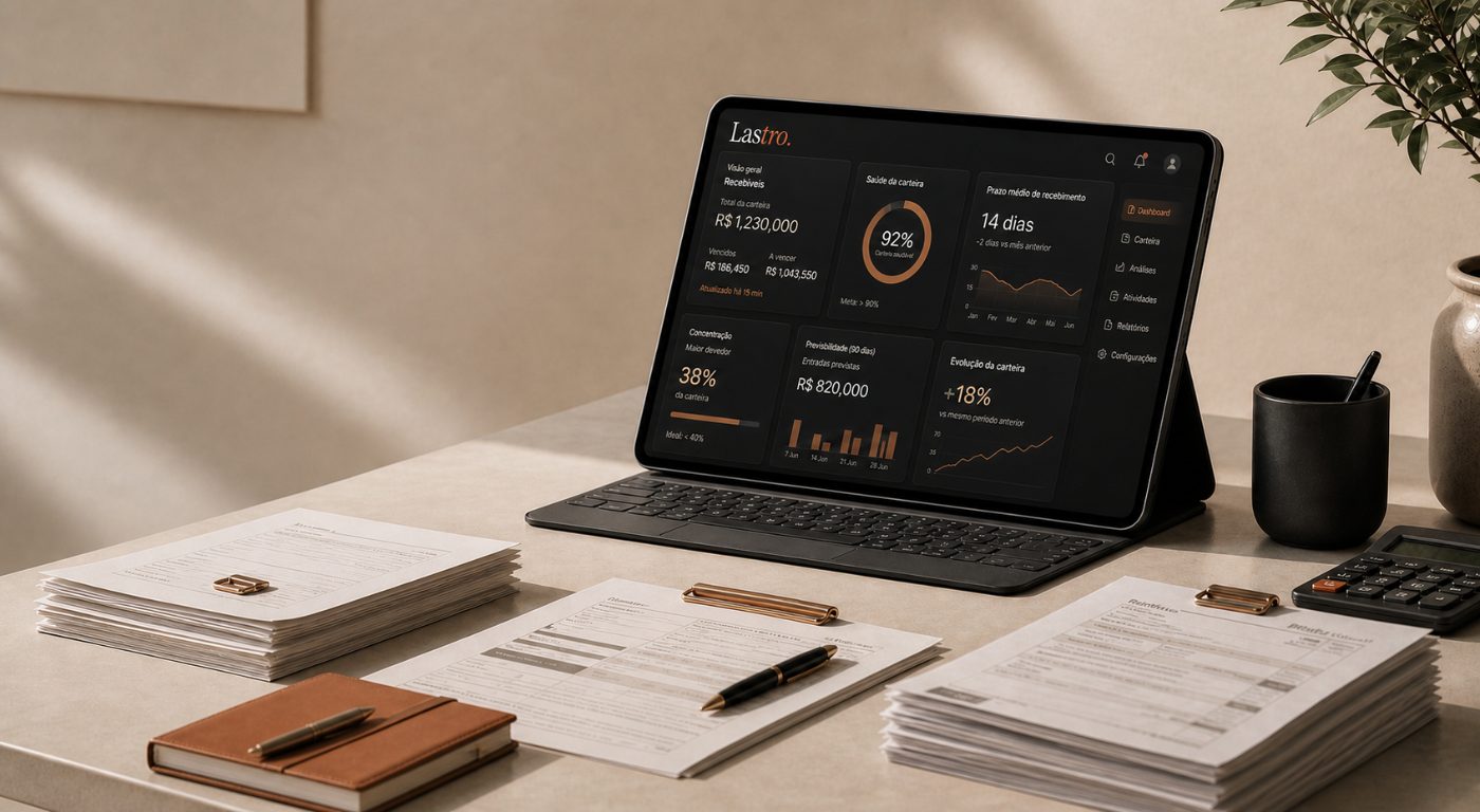 Mesa organizada com documentos e painel financeiro para gestão de recebíveis
